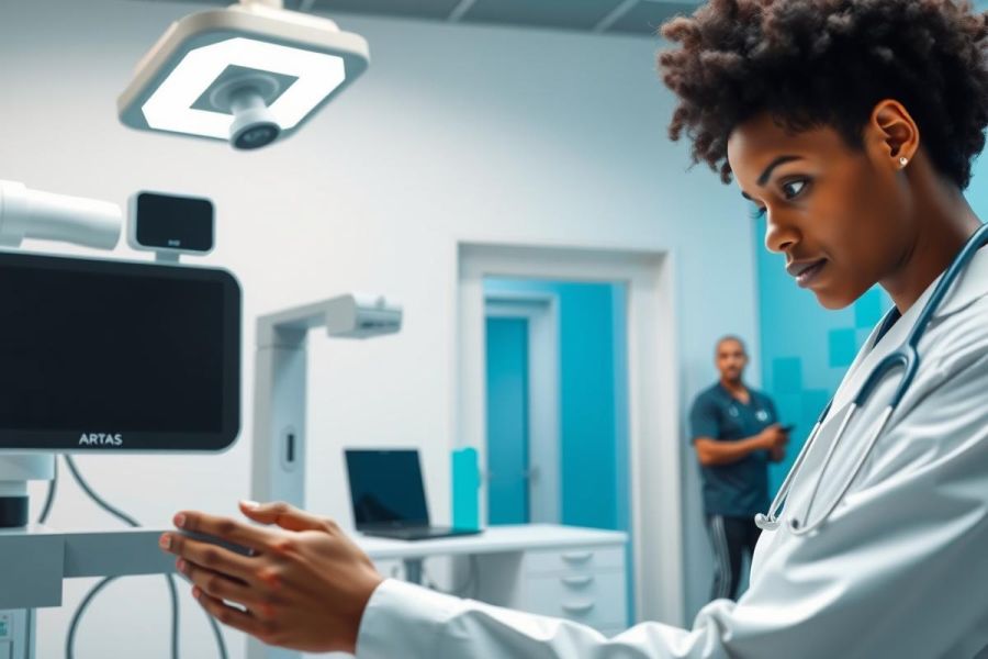Healthcare professional in a modern, blue medical lab examining a digital display. Focus on medical technology, diagnostics, and clinical setting.