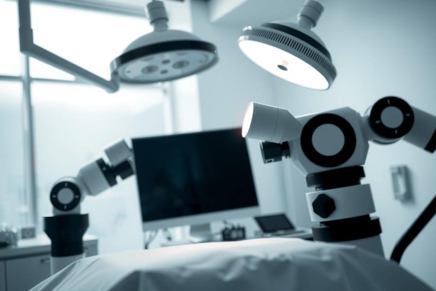 Surgical operating room scene with medical equipment and bright overhead lights. Sterile environment, likely a hospital setting. Blue and white color palette.