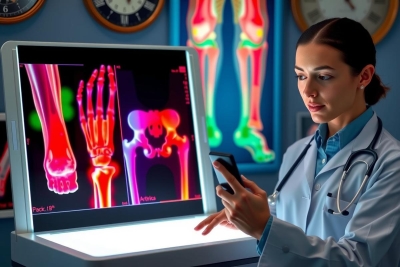 A medical professional, a woman wearing scrubs and a stethoscope, stands in front of an X-ray screen. She is using a tablet to view the medical images, which include bone fractures. The environment suggests a clinical setting with medical equipment visible in the background.