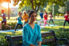 A woman in a blue scrub sits on a park bench, observing people jogging behind her. The scene is vibrant and colorful with the sunlight casting shadows and highlighting the active environment around her.
