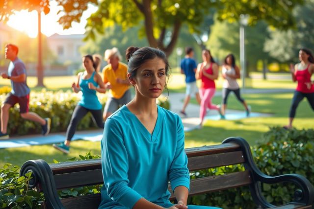 A woman in a blue scrub sits on a park bench, observing people jogging behind her. The scene is vibrant and colorful with the sunlight casting shadows and highlighting the active environment around her.