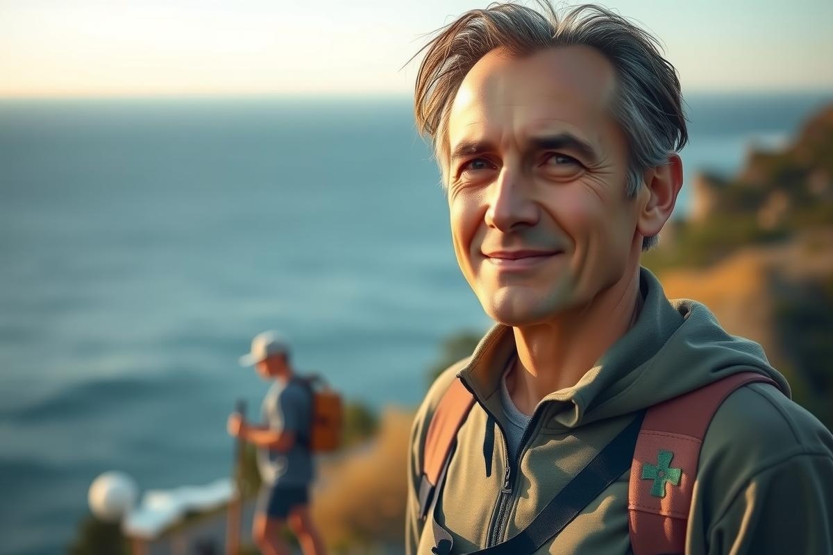 The image features an outdoor scene, likely a hiking trail. The man appears to be older, with short gray hair, and is wearing a backpack. He has a slight smile on his face, suggesting he might be enjoying the hike or looking forward to the destination.