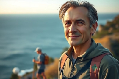 The image features an outdoor scene, likely a hiking trail. The man appears to be older, with short gray hair, and is wearing a backpack. He has a slight smile on his face, suggesting he might be enjoying the hike or looking forward to the destination.