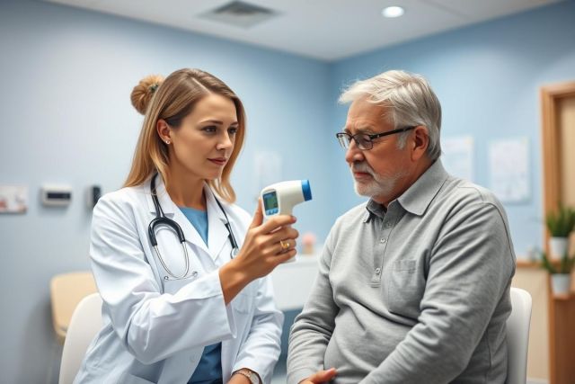 A doctor checks a senior man's temperature with a non-contact thermometer in a bright, modern medical clinic. Healthcare professional in white coat, patient seated, blue and white walls. Focus on health checkup and senior care.