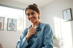 Friendly female doctor wearing a blue scrubs and stethoscope, smiling in a bright, modern medical office. Healthcare professional portrait, warm lighting, and a welcoming atmosphere. Focus on patient care and medical expertise.