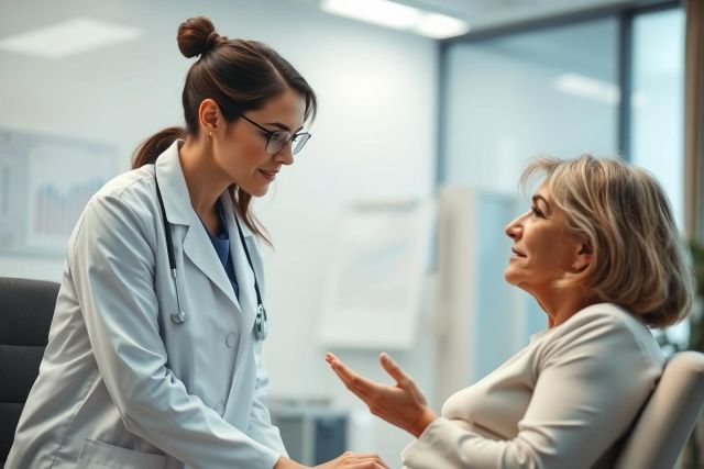 Doctor consults with a patient in a modern, brightly lit clinic. A female doctor in a white coat listens attentively to an older woman during a healthcare appointment. The scene conveys trust and professional medical care, with a focus on patient wellbeing.