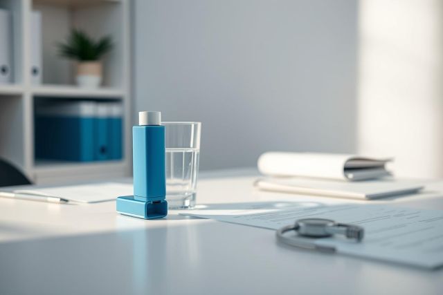 Close-up of a blue inhaler and glass of water on a white desk in a bright, modern office setting. Documents and a stethoscope are also visible, suggesting a medical or healthcare context. Focus on asthma treatment and respiratory health.