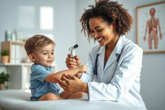 A smiling doctor examines a young boy's arm in a bright, modern medical office. The scene features a pediatrician, child patient, and a human anatomy poster, conveying healthcare and wellness themes. Warm colors and a friendly atmosphere.