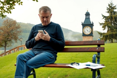 The image depicts a man sitting on a bench, engrossed in using his cell phone. He is dressed casually and appears to be either texting or browsing the internet. 
