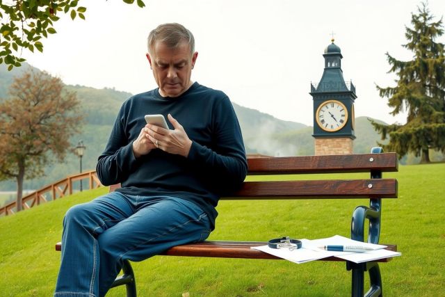 The image depicts a man sitting on a bench, engrossed in using his cell phone. He is dressed casually and appears to be either texting or browsing the internet. 