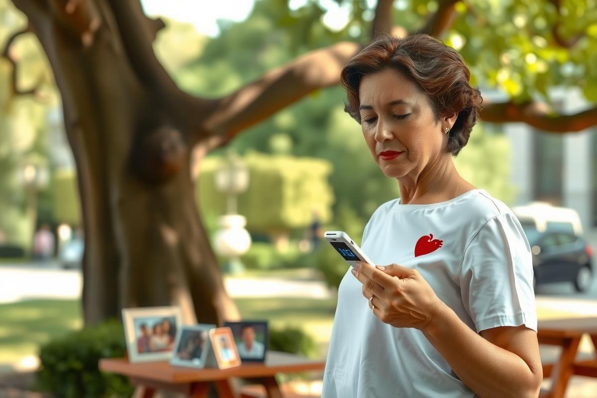 The image shows a woman standing in an outdoor setting, likely a park. She is holding and looking at her cell phone. Her posture suggests she may be texting or browsing on the device.