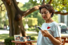 The image shows a woman standing in an outdoor setting, likely a park. She is holding and looking at her cell phone. Her posture suggests she may be texting or browsing on the device. 