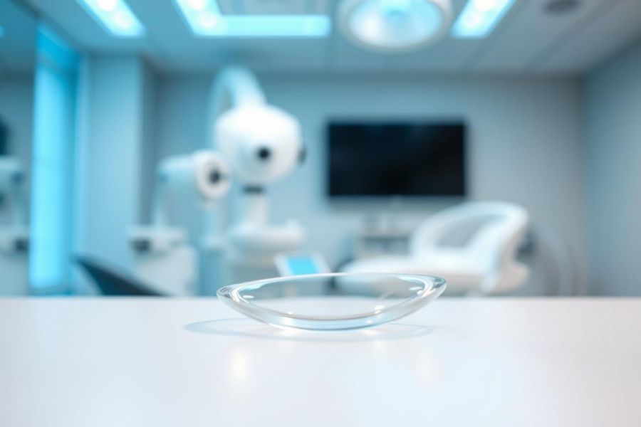 Close-up of contact lens on a white surface in a modern ophthalmology clinic. Blurred background shows advanced medical equipment and a dental chair. Cool blue lighting and clean, sterile environment suggest eye care and vision correction services.