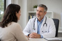Doctor consulting a patient in a bright clinic office, discussing treatment options calmly.