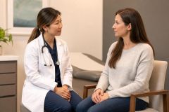 Doctor consulting with patient in a calm clinical exam room, discussing healthcare and treatment options.