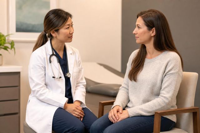 Doctor consulting with patient in a calm clinical exam room, discussing healthcare and treatment options.