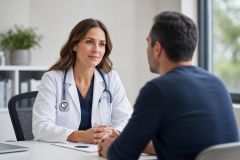 Doctor consults attentively with adult male patient in a bright clinic office discussing care options.