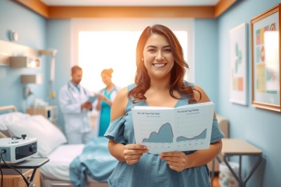 The image shows a modern, well-lit healthcare facility where a smiling woman in a medical uniform holds up papers showing graphs and data. Behind her are two other people in operating room scrubs, suggesting a collaborative team environment.