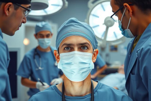 This is a high-resolution photograph showing medical professionals in an operating room. There are several individuals wearing surgical gowns and masks, focused on their tasks. The environment suggests a sterile and clinical setting typical of surgical procedures. The colors are clinical, with whites, blues, and greys predominating to convey the seriousness and professional nature of the scene.