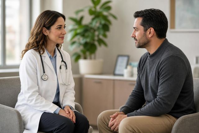 Doctor and patient seated in clinic, discussing treatment options in a calm, professional setting.