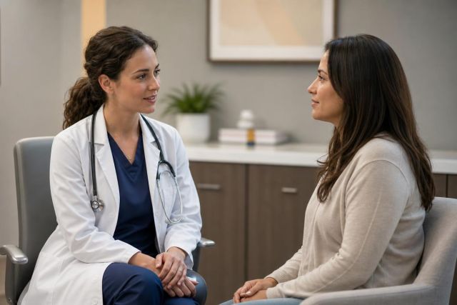 Doctor consulting with patient in clinic, discussing treatment options in calm, professional setting.