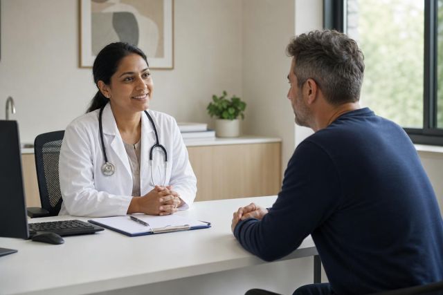 Doctor in white coat consulting a seated patient across a desk in a bright clinic.