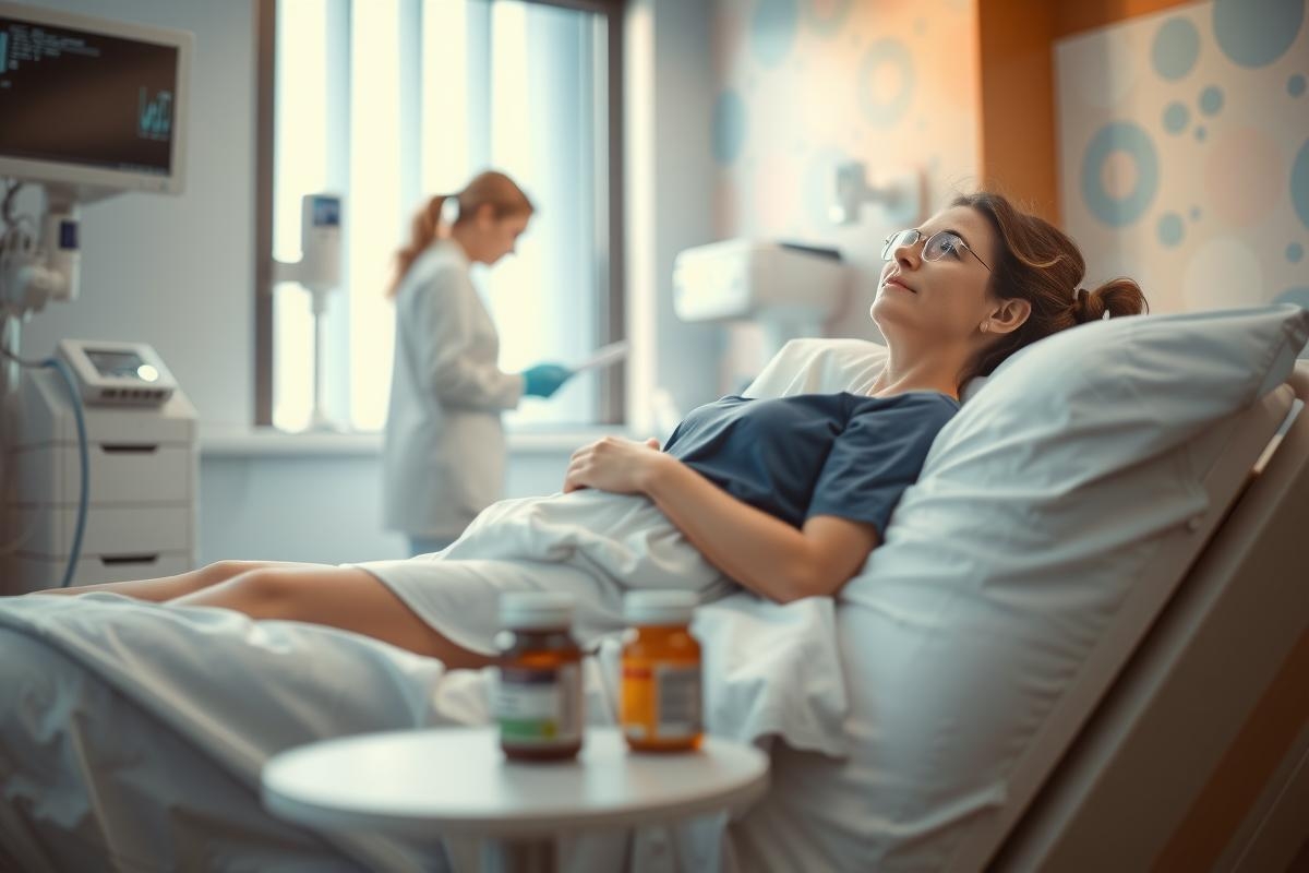 This image shows a hospital setting with two women. One woman is lying on a medical bed, wearing a gown and appears to be in distress or discomfort. Another woman stands beside her, also dressed in scrubs, and seems to be a healthcare professional, possibly providing assistance or examining the patient.