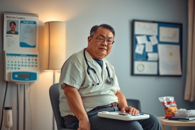 The image features an older man sitting at a desk. He appears to be in a medical or office environment, wearing glasses and a white lab coat, suggesting he might be a doctor or healthcare professional.