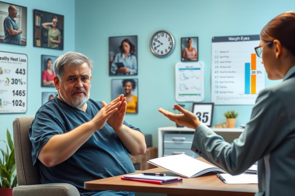 In this image, a man dressed in medical scrubs is sitting at a desk. He appears to be gesturing with his hands and engaging in conversation with another individual who is not visible from the back of the room. The setting looks like an office environment, which suggests a professional context possibly related to healthcare or medical services.