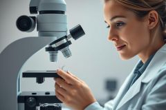 Scientist using a microscope in a lab. The image shows a woman in a white coat examining a sample, with a focus on scientific research, biology, and laboratory equipment. Predominant colors are gray, white, and black, suggesting a sterile and professional environment.