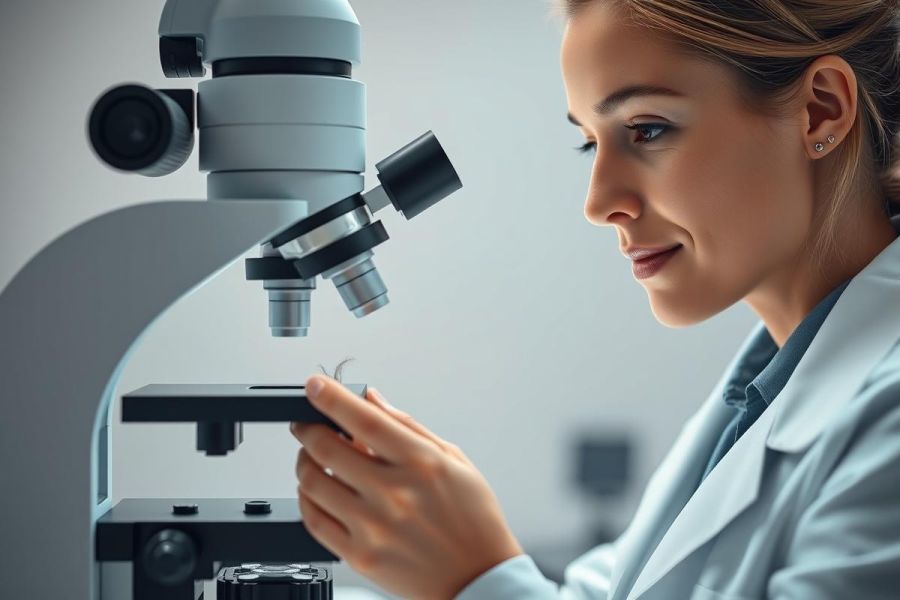 Scientist using a microscope in a lab. The image shows a woman in a white coat examining a sample, with a focus on scientific research, biology, and laboratory equipment. Predominant colors are gray, white, and black, suggesting a sterile and professional environment.