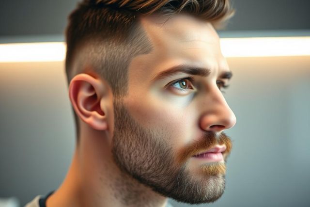 Close-up portrait of a young man with a modern haircut and stylish beard. The image showcases a clean, masculine aesthetic with warm brown tones and a professional studio setting. Focus on grooming, men's style, and contemporary hairstyles.