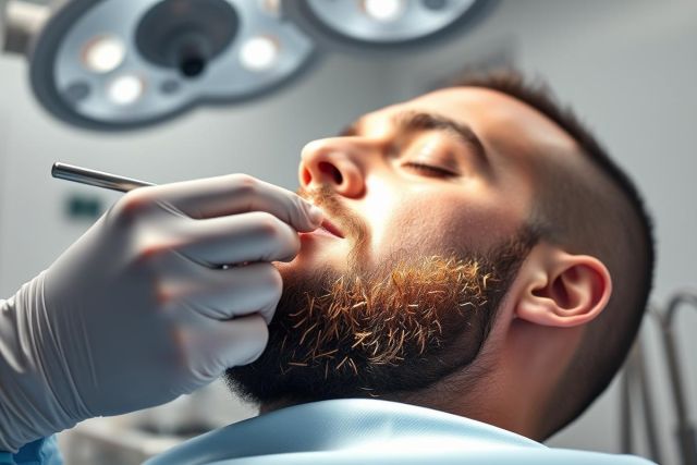 Dental examination: A close-up view of a dentist examining a patient's teeth with a dental probe. The patient, with a beard, is lying down in a dental chair under bright overhead lights. Focus on oral health and dental care.