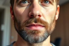 Close-up portrait of a man with a full beard, featuring brown and grey tones. He has striking blue eyes and a focused expression. Natural light illuminates his face in an indoor setting. Represents masculinity and portrait photography.