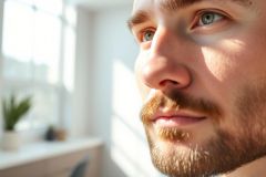 Close-up portrait of a man with a beard and striking blue eyes, bathed in natural sunlight. The image features a shallow depth of field with a blurred indoor environment and hints of greenery. Focus is on facial details and a contemplative gaze.