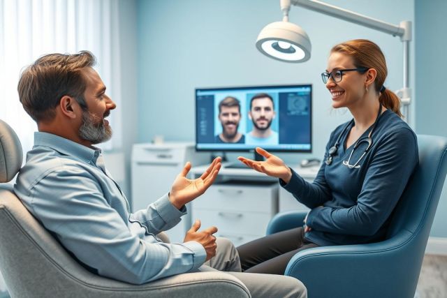 Telemedicine appointment: A smiling female doctor in a blue sweater and stethoscope consults with a patient in a modern, light blue office via video call. Two male faces are visible on the screen. Focus on remote healthcare and virtual doctor visits.