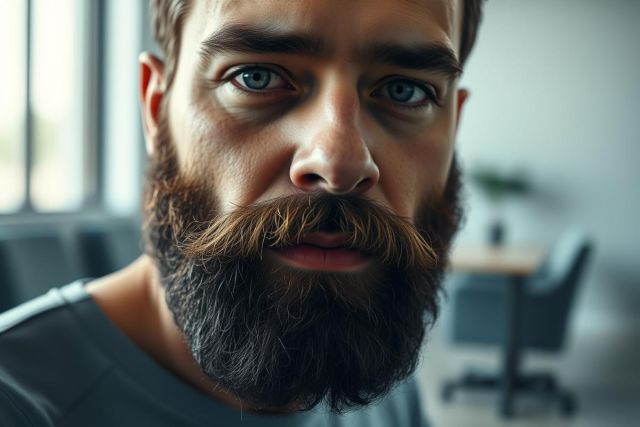 Close-up portrait of a man with a full, stylish beard and striking blue eyes. He has a well-groomed mustache and a serious expression. The background is a blurred, modern office space with natural light. Focus on masculine style, beard care, and portrait photography with warm and cool tones.