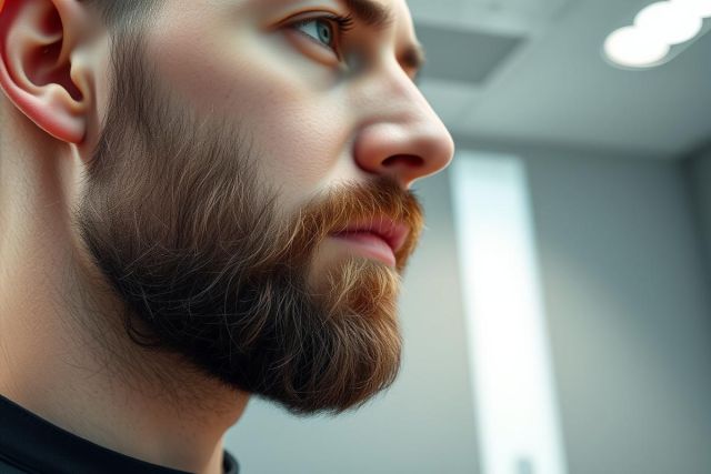 Close-up profile of a man with a full, textured brown beard and striking blue eyes. The image features a neutral, modern interior background. Focus on facial hair and a thoughtful expression. Suitable for beard styles, men's grooming, or portrait photography.