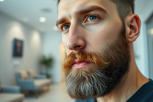 Close-up portrait of a man with a full, textured beard featuring orange and gray hues. He has striking blue eyes and a modern haircut. The background shows a blurred office space with neutral tones and greenery, suggesting a professional setting. Portrait photography, man, beard, blue eyes, office.