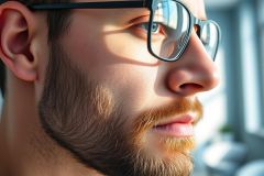 Close-up portrait of a man with a neatly trimmed beard and glasses. He has fair skin and blue eyes, gazing thoughtfully. Warm sunlight highlights his face against a blurred window background. A professional and modern image suitable for business, fashion, or lifestyle themes.