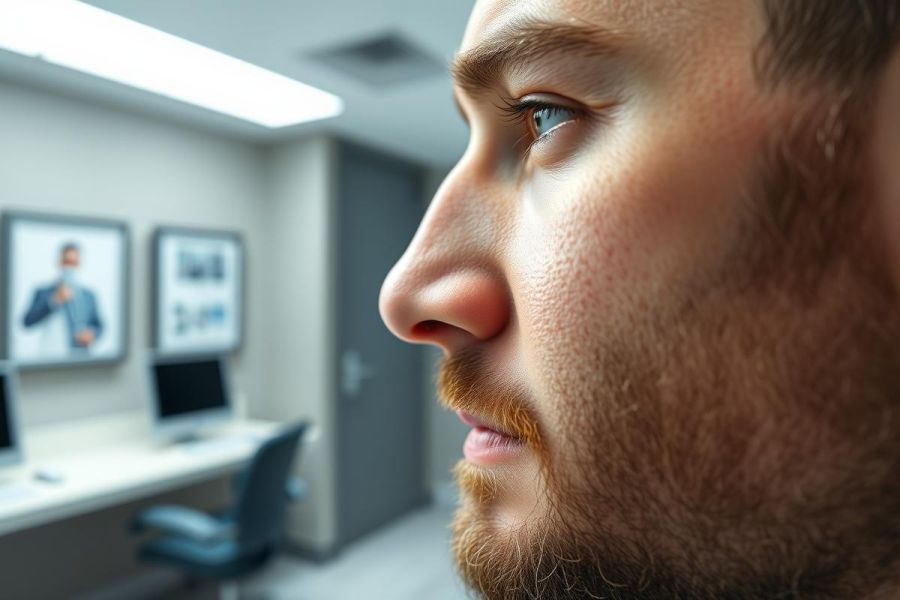 Close-up profile portrait of a bearded man with blue eyes, blurred office background featuring a computer and portrait artwork. The image has a modern, professional feel with cool tones and shallow depth of field. Focus on male portrait, business, office, and professional headshot.