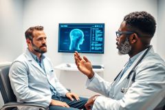 Two doctors in a modern medical office discuss a patient's brain scan displayed on a monitor. The image features a clinical setting with cool blue and white tones, focusing on healthcare consultation and diagnostics.