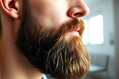 Close-up of a man's full, textured beard with reddish-brown and dark brown tones. Focus on facial hair detail against a blurred, neutral background, highlighting grooming and style.