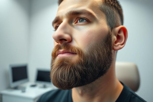 Close-up portrait of a young man with a full ginger beard and focused gaze. He's indoors, possibly in an office or studio, with a blurred background showing a computer and chair. Warm tones and natural lighting highlight his features.