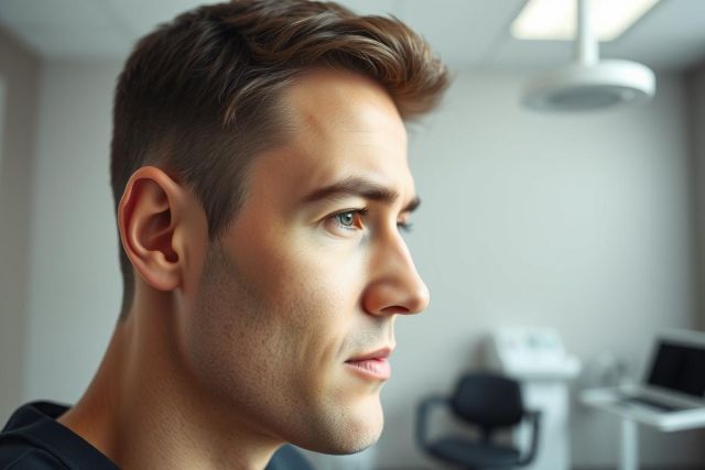 Close-up portrait of a young man with brown hair, viewed in profile. He is in a modern, neutral-toned office or clinic setting with medical equipment visible in the background. The image features soft lighting and focuses on his facial features, conveying a thoughtful expression.