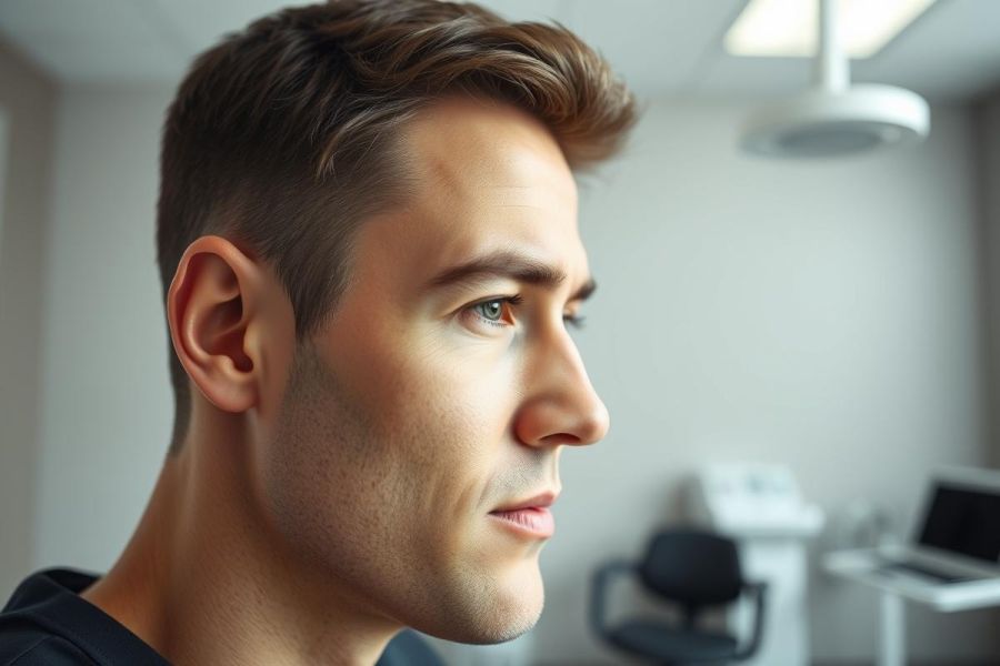 Close-up portrait of a young man with brown hair, viewed in profile. He is in a modern, neutral-toned office or clinic setting with medical equipment visible in the background. The image features soft lighting and focuses on his facial features, conveying a thoughtful expression.