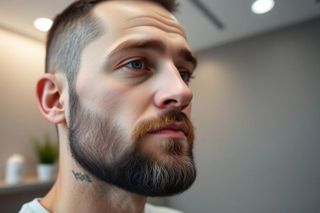 Close-up portrait of a young man with a stylish, faded haircut and a gray-blended beard and mustache. He has striking blue eyes and a thoughtful expression, set against a modern, minimalist interior with soft, neutral colors. The image showcases a contemporary male aesthetic and grooming style.