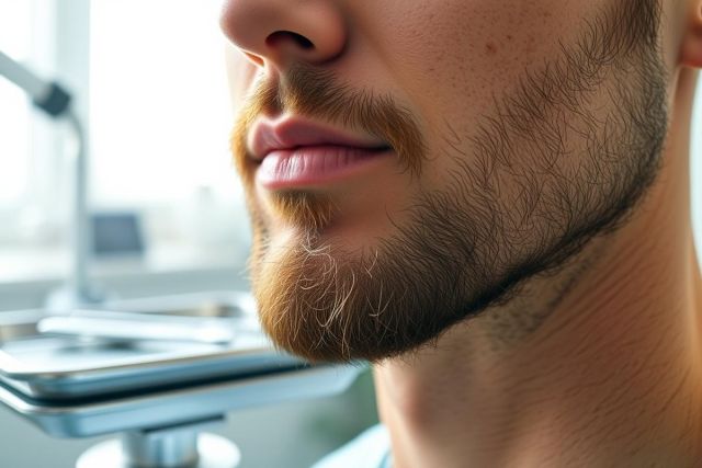 Close-up of a man's face showcasing a well-groomed beard and lips. The image features warm, earthy tones and appears to be taken in a medical or dental setting with equipment visible in the background. Focus on facial hair and skin texture.