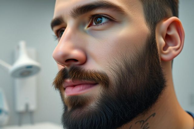 Close-up portrait of a young man with a full beard and mustache, likely in a medical or dental setting. Warm skin tones, brown hair, and focused gaze. Clean, modern environment with medical equipment visible in the background. Represents men's grooming, healthcare, or portrait photography.