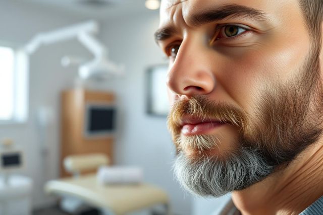 Close-up portrait of a man with a salt-and-pepper beard in a modern dental clinic. The focus is on his face with blurred dental equipment in the background. Warm lighting and neutral colors create a professional atmosphere.